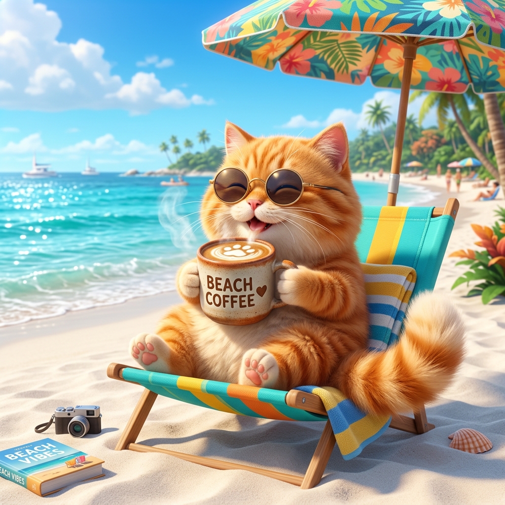 แมวส้มจิบกาแฟริมหาด